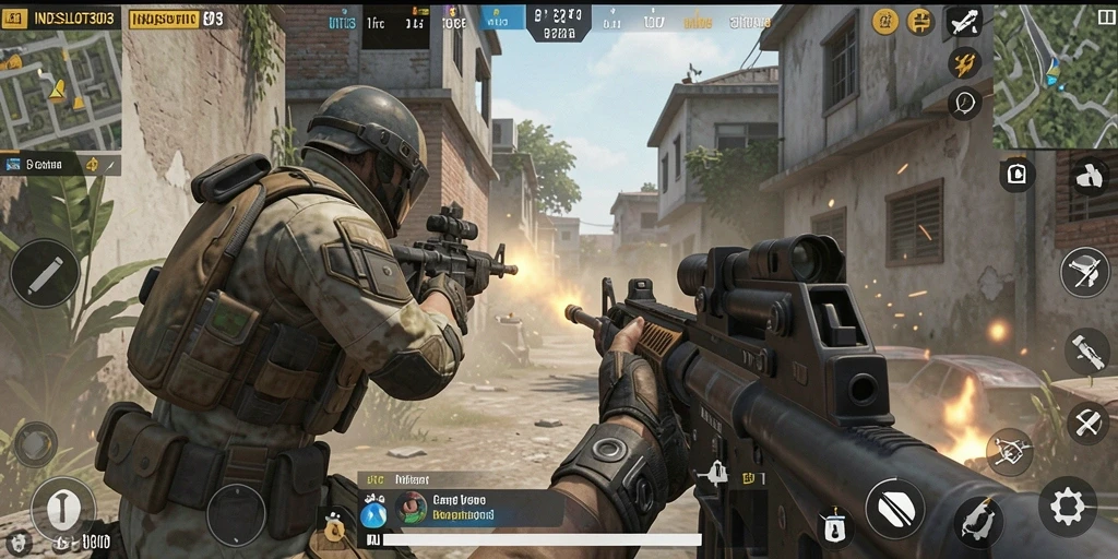Screenshot gameplay INDESLOT303 dengan aksi menegangkan di medan perang.