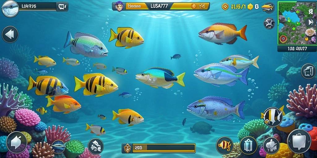 Screenshot gameplay LUSA777 menampilkan aksi menangkap ikan yang seru.