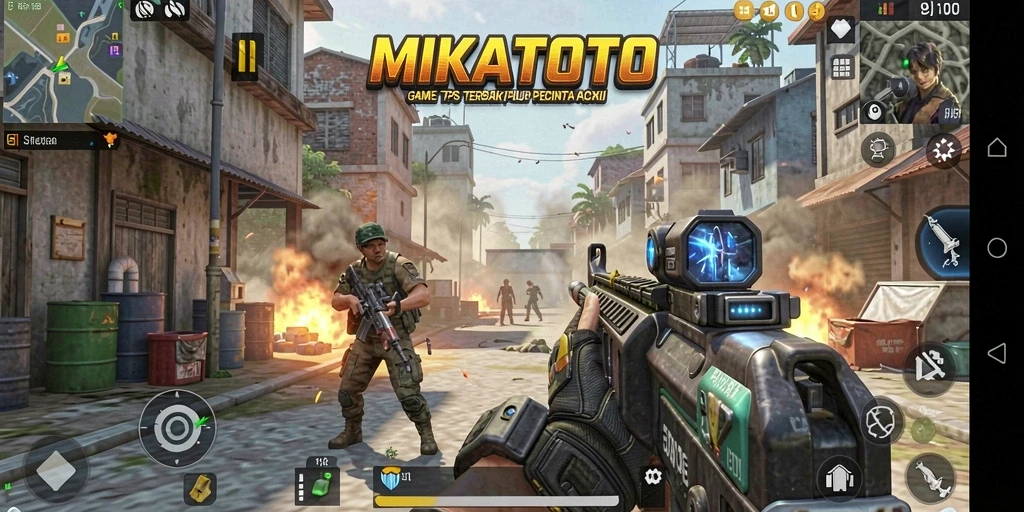 Tampilan gameplay seru dalam MIKATOTO dengan aksi tembak menembak yang intens.