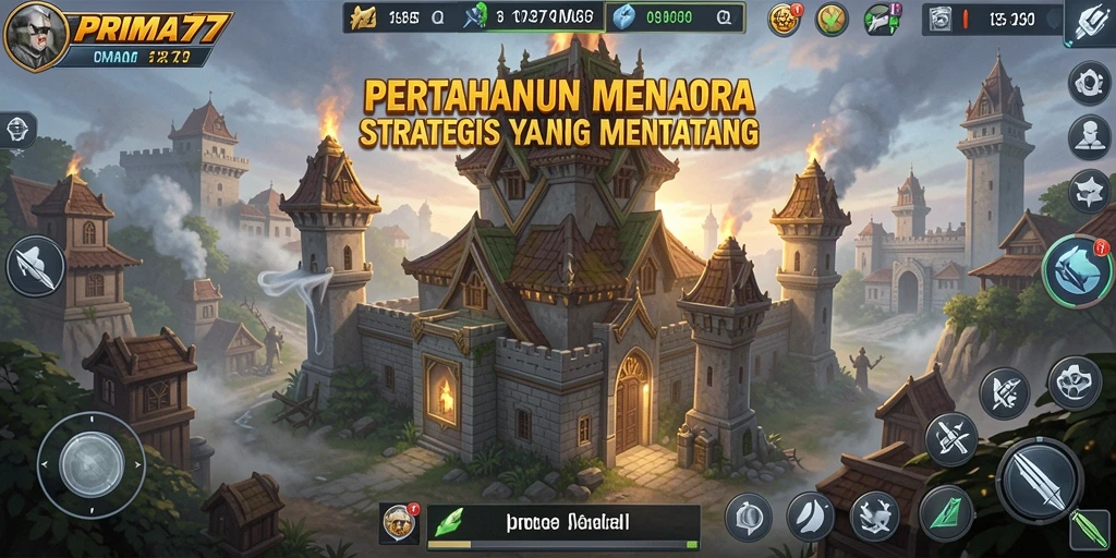 Screenshot gameplay Tower Defense PRIMA77 menampilkan pertahanan menara yang strategis.