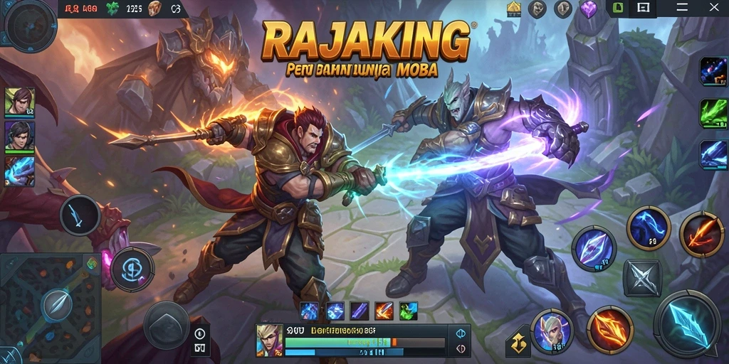Screenshot utama RAJAKING menampilkan aksi intens dalam pertandingan MOBA.