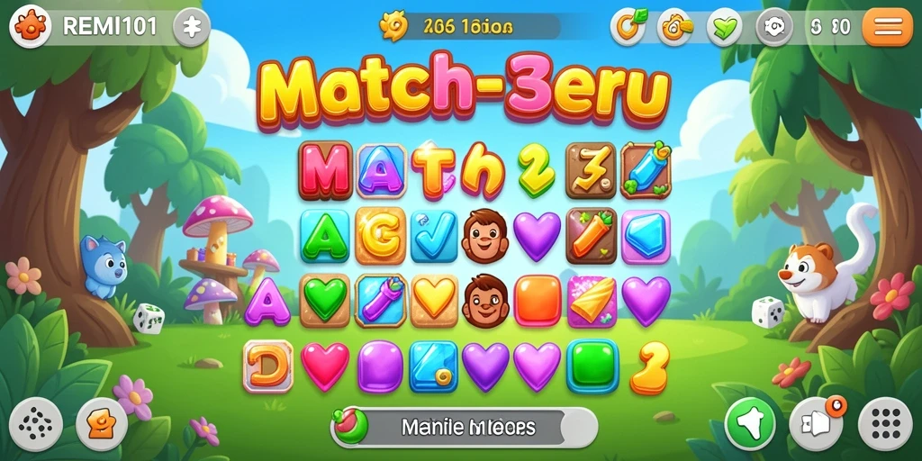 Tampilan gameplay Match-3 yang seru dan menantang di REMI101.