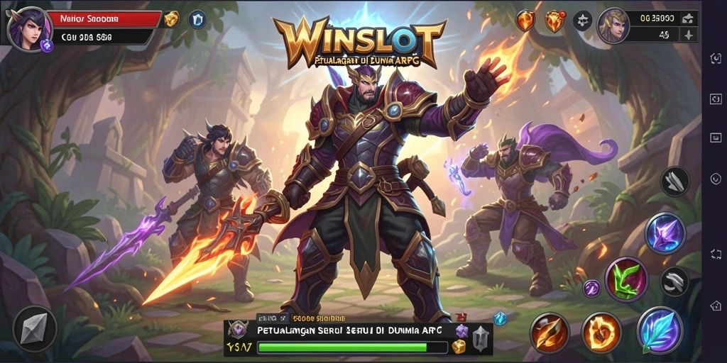 Screenshot gameplay WINSLOT menampilkan karakter dan pertarungan seru di dunia fantasi.
